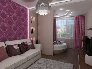 Дизайн спальни в которой условная стена разделает пространство 18 квадратов