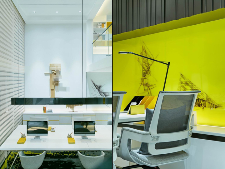 Ярко-жёлтые стены в креативном оформлении офиса