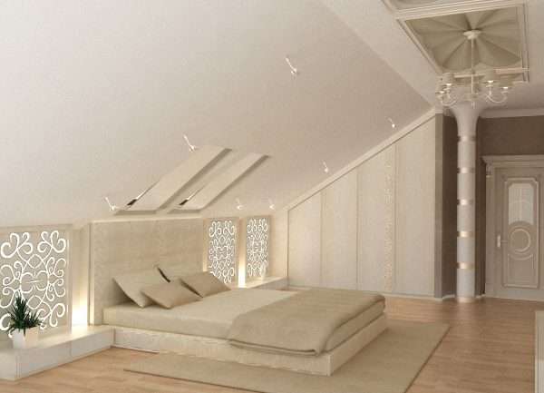 Небольшие светильники в спальне на мансарде