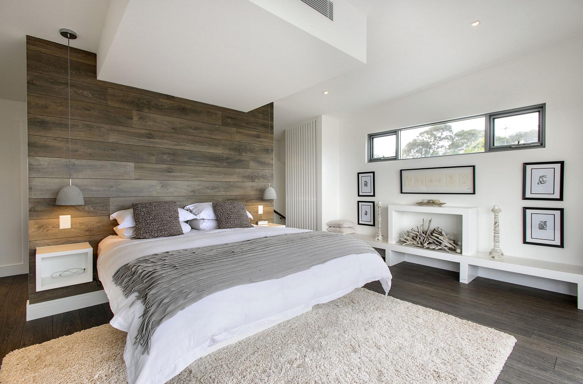 Белый, бежевый, серый и коричневый цвета в интерьере современной спальни