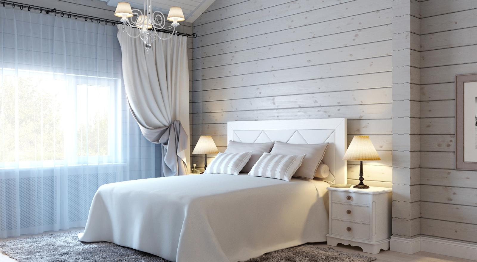Белая спальня с деревянными стенами