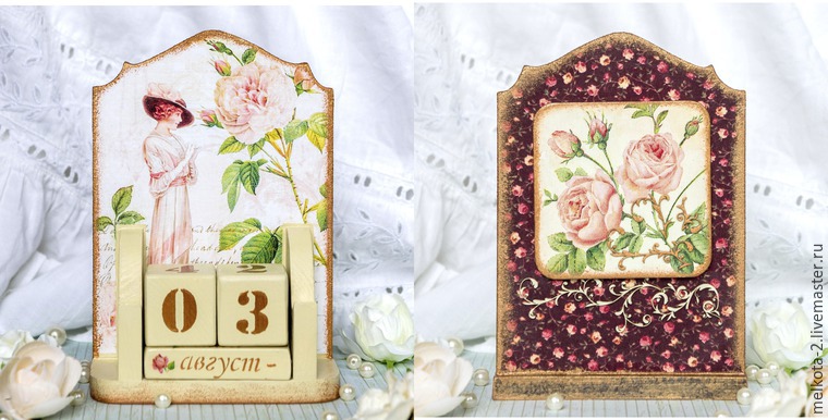 Делаем вечный календарь «Розовый сад» в технике «декупаж» с использованием ткани и чипборда, фото № 25