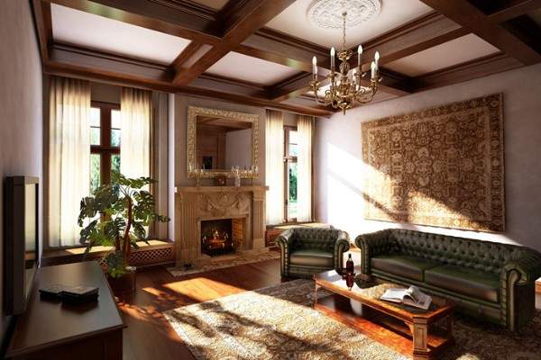 Интерьер гостиной с камином в частном доме - стиль классика