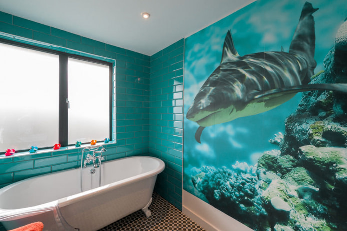 фотообои в ванной с принтом акулы