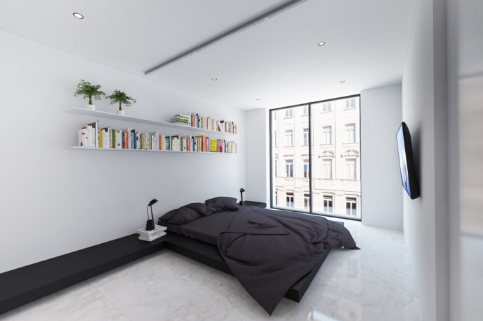 интерьер спальни в черно-белых тонах в стиле минимализм