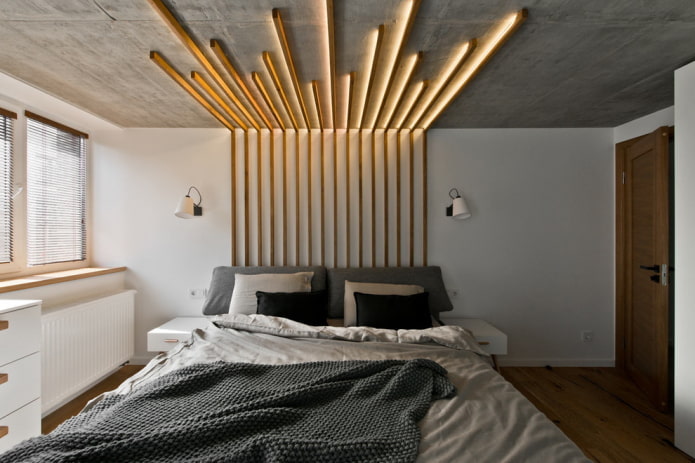 отделка потолка в спальне в индустриальном стиле