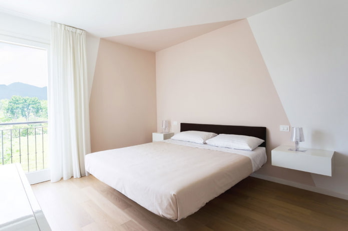 интерьер бежевой спальни в стиле минимализм