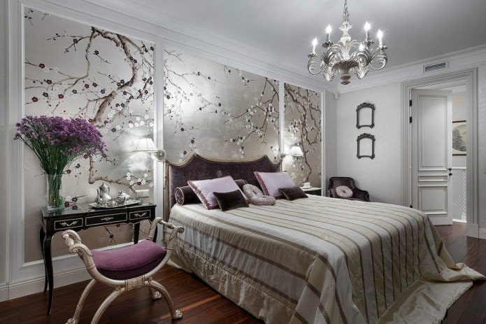 Дизайн спальни в серо-фиолетовых тонах