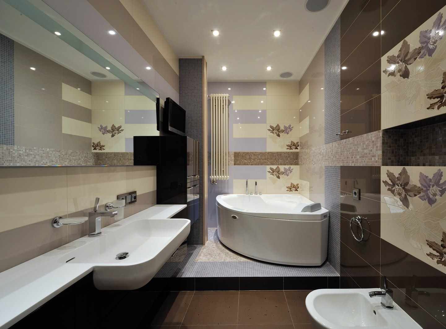 вариант необычного интерьера ванной комнаты с угловой ванной