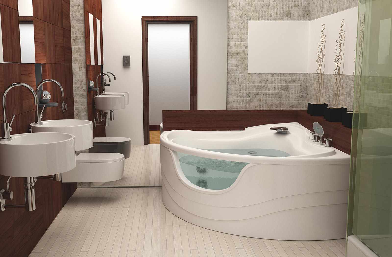 вариант необычного дизайна ванной комнаты с угловой ванной