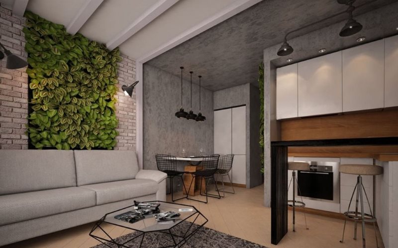 Зеленая стена с живыми растениями в кухне-гостиной