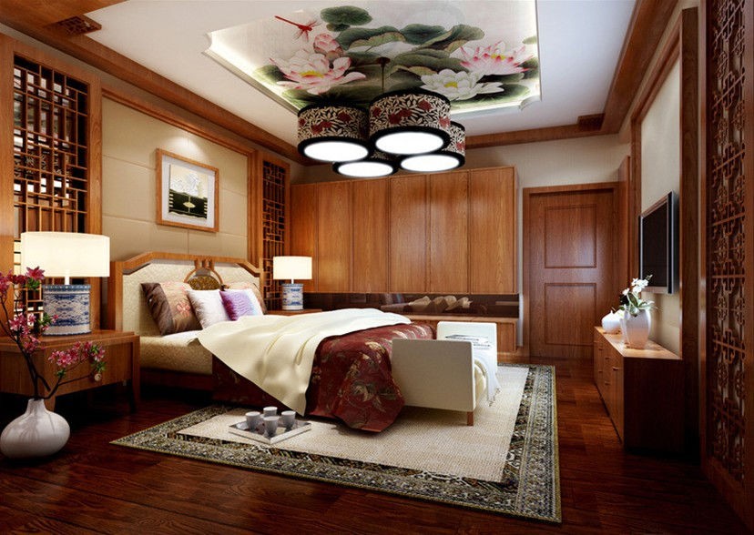 Светильник на потолке спальной комнаты в китайском стиле