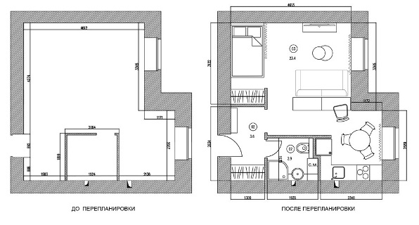 Перепланировка однокомнатной квартиры 33 кв м