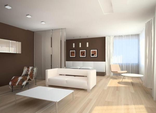 Для совмещенной гостиной и спальни лучше всего использовать стиль минимализм