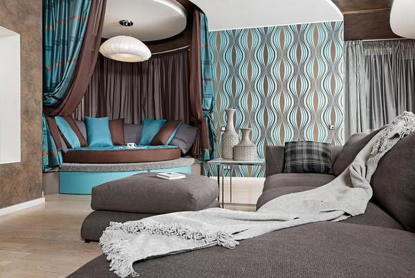Спальня, выполненная в бирюзово-коричневых тонах, смотрится оригинально и стильно 