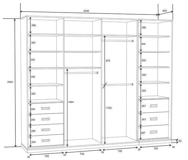 На схеме четко указываются размеры и расположение всех элементов шкафа-купе 