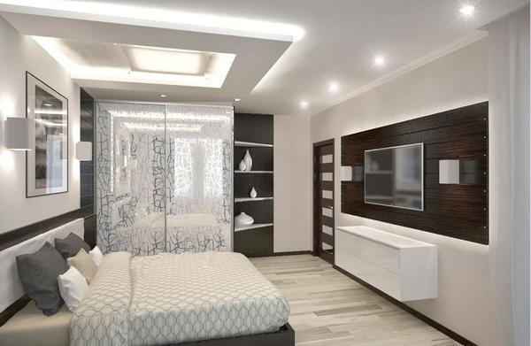 В дизайне спальни в стиле хай-тек преобладают нейтральные тона, такие как белый и серый