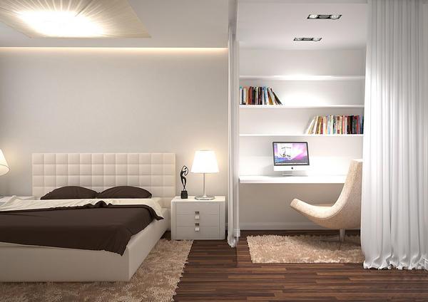 Спальную и рабочую зоны, которые находятся в одной комнате, лучше оформлять в стиле минимализм, подбирая только светлую цветовую гамму