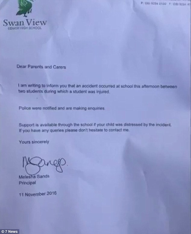 A letter sent home to parents by the school described the incident as an 