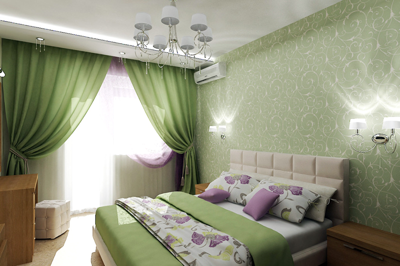 сочетание сиреневого и фиолетового цветов в дизайне штор для спальни