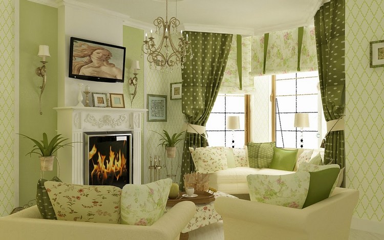 оливковые шторы в дизайне гостиной комнаты