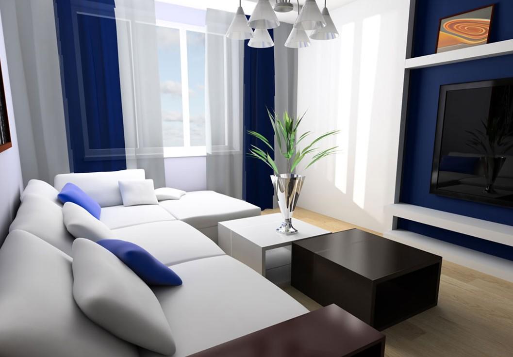 Подходящее сочетание цветов для дизайна маленькой гостиной-спальни – бело-синий. Такой контраст облегчит интерьер и зрительно увеличит комнату