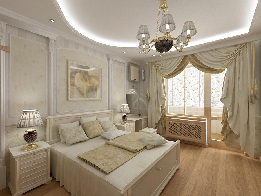 Для оформления спальни в современном классическом стиле используют натуральные материалы, которые должны отлично сочетаться между собой