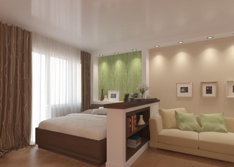 Для разделения на зоны в спальне-гостиной можно использовать декоративную штору, раздвижную перегородку, стеллаж или шкаф-купе