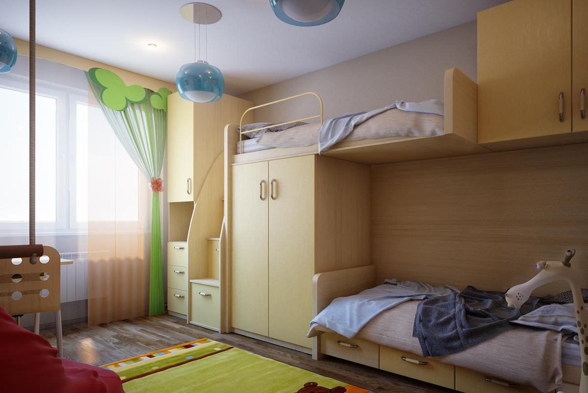 Чтобы в детской комнате для двоих детей сэкономить место, кровати можно расположить одну над другой 