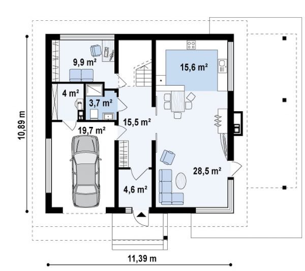 План первого этажа двухэтажного дома со встроенным гаражом