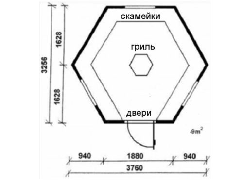 Чертёж домика-гриля с очагом в центре