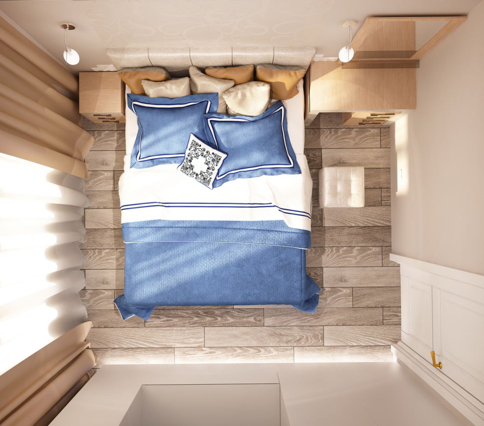 Дизайн-интерьера спальни 11 кв.м в бежевых тонах с синими акцентами, тумба, кровать, бра, туалетный столик
