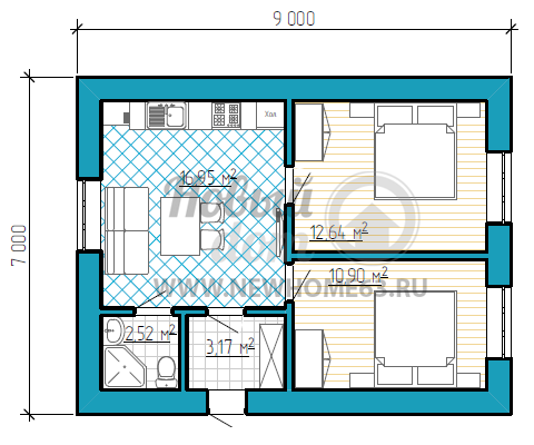 Одноэтажный дом размером 7 на 9 метров с двумя спальными комнатами