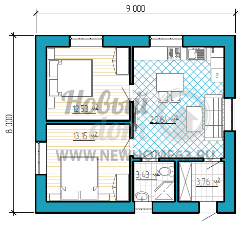 План одноэтажного коттеджа 8 х 9 м с двумя спальными и просторной кухней-столовой.