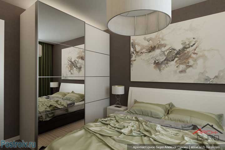 Белая мебель в спальне с коричневыми обоями. Фото