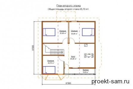 план 2-го этажа дома с мансардой 9x9