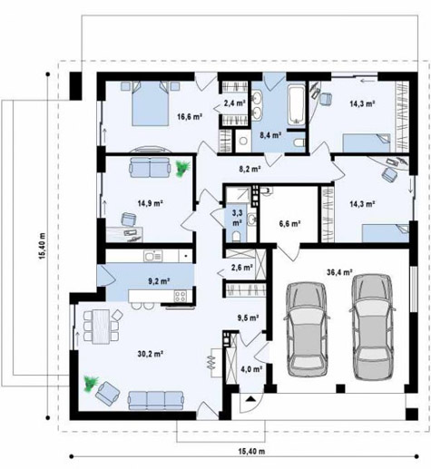 планировка одноэтажного дома с гаражом на две машины