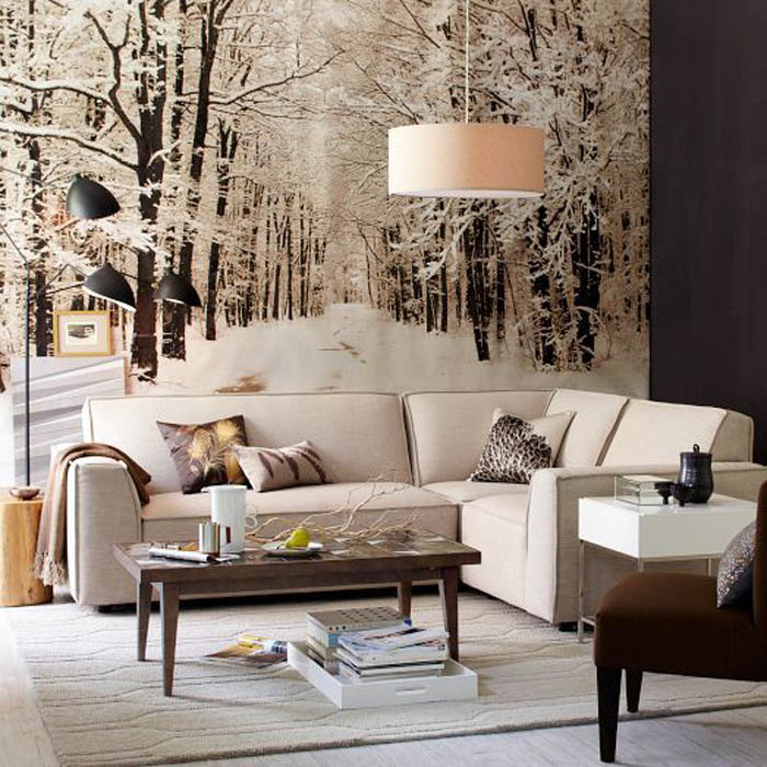 Чёрно-белая гостиная с зимним лесом