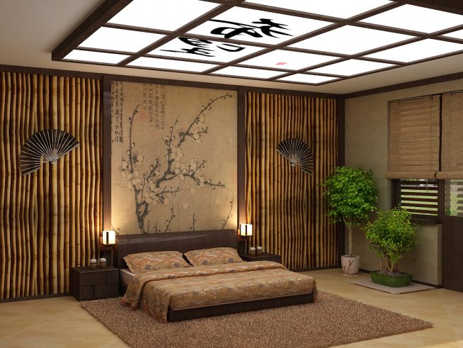 Бамбуковые панели в спальне