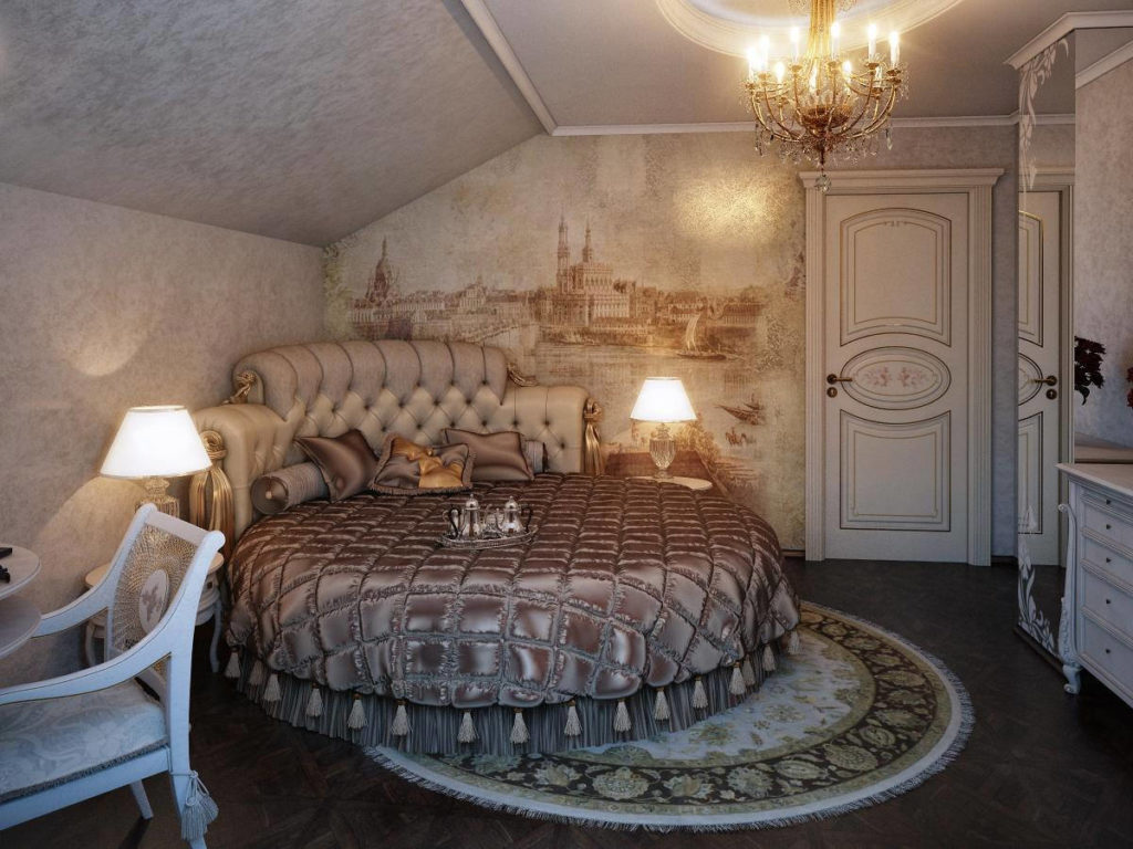 Классическая небольшая спальня в мансарде с круглой кроватью