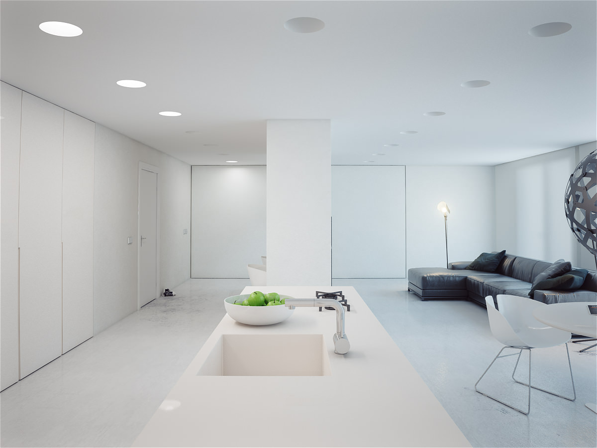 Черный диван в белой квартире-студии в стиле минимализм