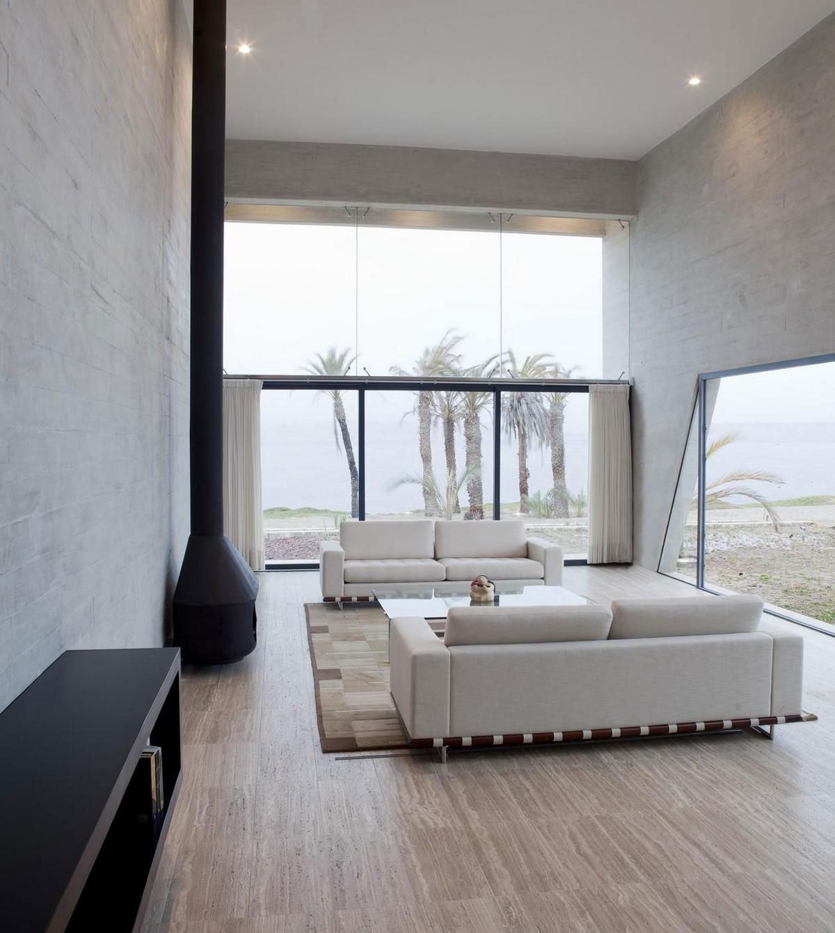 Бежево-черная гостиная в стиле минимализм с большими окнами