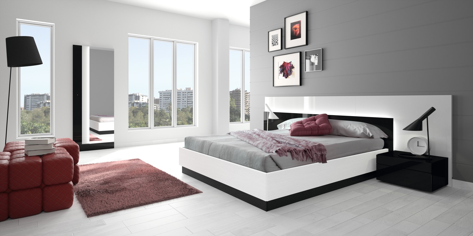 Серо-белая спальня с красными акцентами в стиле модерн