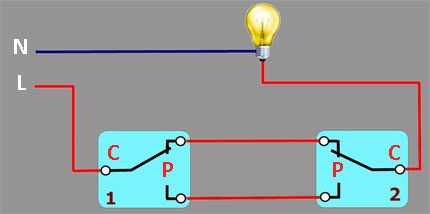 как подключить проходной выключатель как обычный