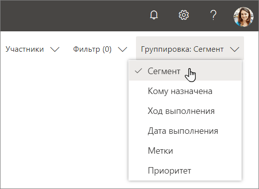 Снимок экрана: раскрывающийся список "Группировка" в Планировщике с выбором пункта "Сегмент"