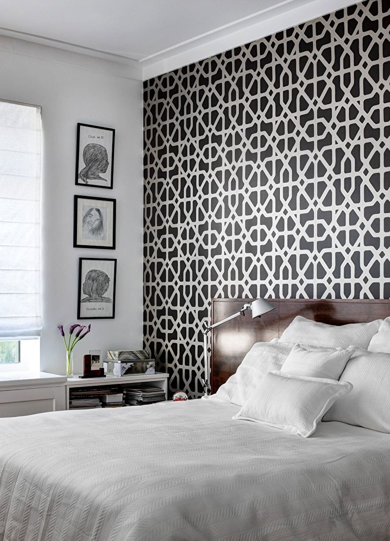 Черно-белые обои в интерьере спальни - Дизайн фото