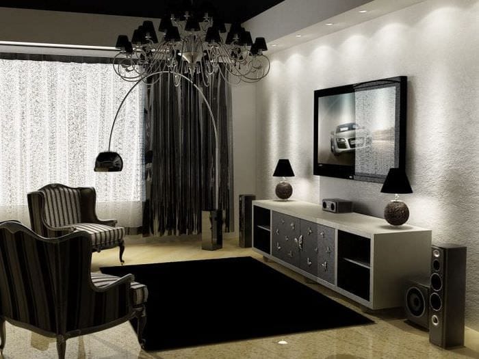 необычный дизайн гостиной в черно белом цвете