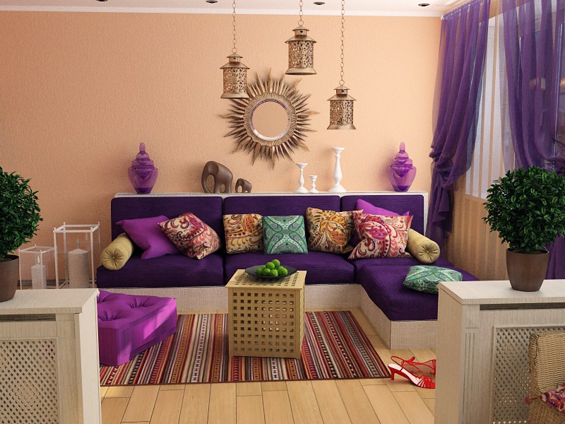 Диван с фиолетовыми подушками в дизайне марокканской гостиной