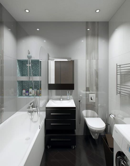 Интерьер совмещенной ванной комнаты в черно-белых тонах