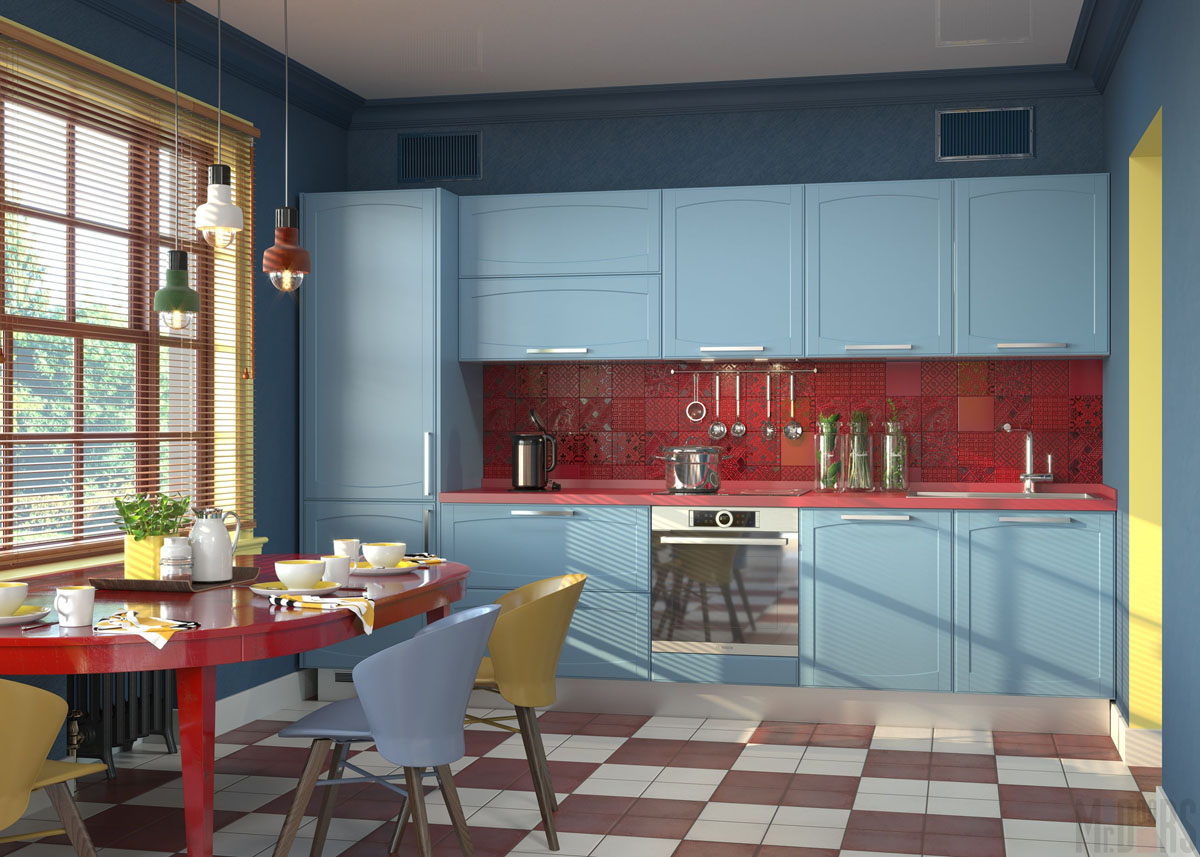 Кухня с голубыми фасадами и яркими элементами декора